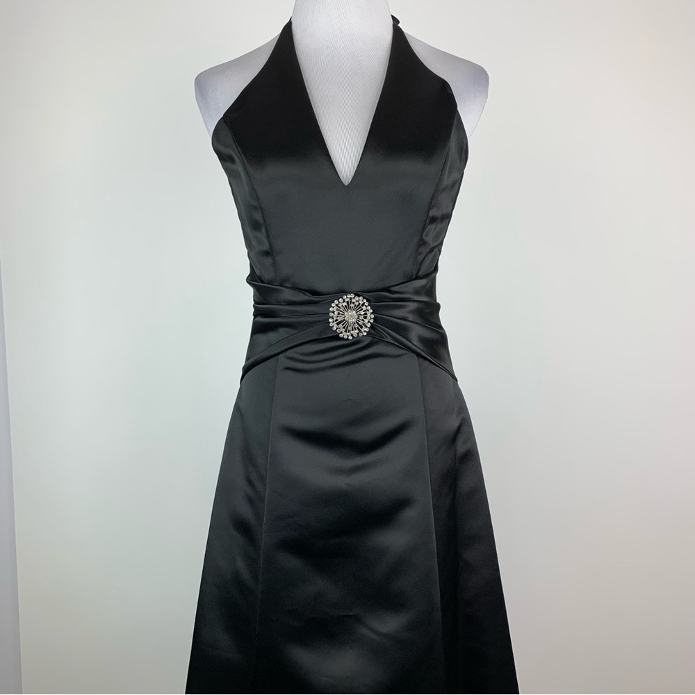 Vintage Jessica McClintock for Gunne Sax Black Satin Halter Evening Dress 3/4 - Picture 1 of 14